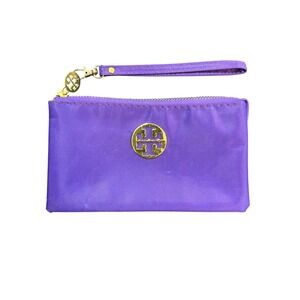 Tory Burch FAUX Purple Nylon Wristlet Pouch Gold Logo Zip Top Wallet Clutch